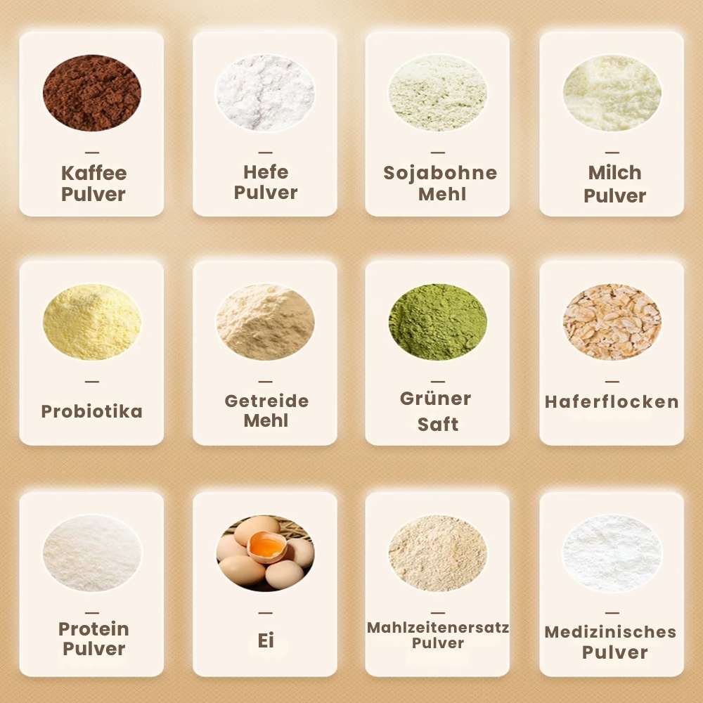 Swift Cup kann diese Zutaten mixen. Kaffe pulver, Hefe pulver, Sojabohne Mehl, Milch Pulver, Probiotika, Getreide Mehl, Grüner Saft, Haferflocken, Protein Pulver, Ei, Mahlzeitenersatz Pulver, Medizinisches Pulver.